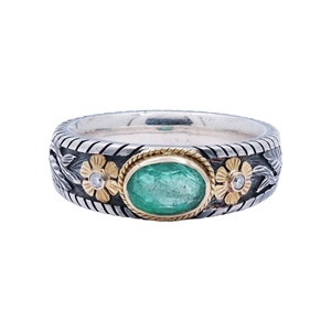 Bague Vintage Florale en Argent 925 Oxydé et Or 18K avec Émeraude Naturelle Ovale et Diamant Sertis, Collection Memoria Jewels (Vente en Gros) - Product Image 1