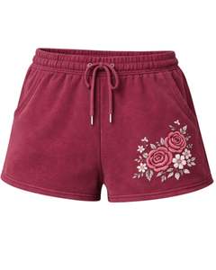 Shorts de Felpa para Mujer Color Borgoña Personalizados con Estampado Floral de Rosas, Cintura Elástica, Casuales de Verano, Fabricante Personalizado, Suministro OEM al por Mayor - Product Image 1