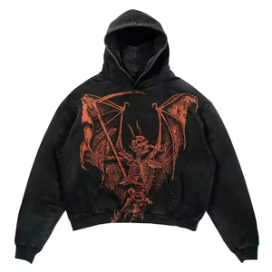 Sweat à capuche oversize noir pour homme, imprimé squelette de dragon, effet délavé, 100 % coton, molleton bouclette, coupe classique, style hiver - Product Image 1