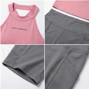North Approach 2 Piece Yoga Set Pink Crop <b>Top</b> Gray Shorts High Waist Seamless <b>Sweat</b> Wicking Breathable Sportswear - Product Image 4