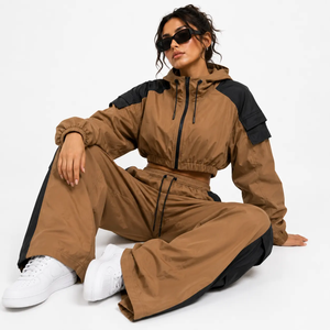 Vocksin <b>Women's</b> Camel Brown Cropped Hooded Windbreaker Tracksuit Waterproof Zipper <b>Jacket</b> Wide Leg Pants Set High Street Style - Product Image 2