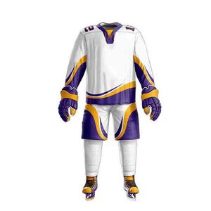 Conjunto de Jersey de Hockey sobre Hielo Personalizado para Hombre, Blanco, Morado y Dorado, Manga Larga, Sublimado, Transpirable, para Adultos, Todas las Temporadas - Product Image 2