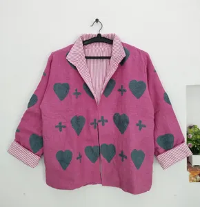 Vintage Suzani Jacket Women Hot Pink Cotton TNT <b>Garden</b> Heart Applique Handcrafted Boho Layering Coat - Product Image 1