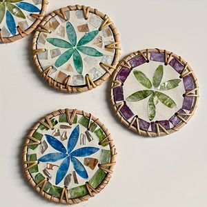 Handmade Mother of Pearl Coaster Rattan Rim <b>Round</b> Cup Coasters Southeast Asia <b>Round</b> Colorful Coasters From India - Product Image 2