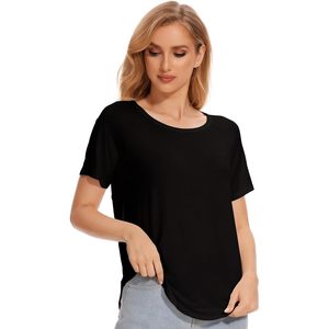 T-shirt noir à manches courtes et col rond pour femme, coupe ample, tricoté, couleur unie, décontracté, respirant, style toutes saisons - Product Image 3