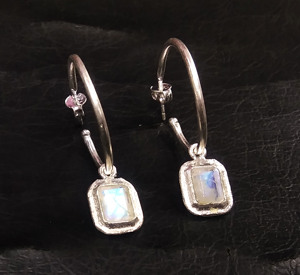 Natural Rainbow Moonstone <b>Hoop</b> <b>Earrings</b> <b>Solid</b> 925 Sterling <b>Silver</b> Handmade Cushion Cut Gemstone Bohemian Style Third Party - Product Image 4