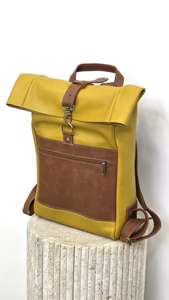 Genuine Leather Roll Top <b>Backpack</b> Mens Retro School Bag Cowhide Travel Rucksack <b>Large</b> Capacity Laptop LTBP-0095 - Product Image 2