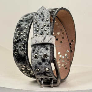 Ceinture en cuir de vachette véritable occidentale de haute qualité pour hommes et femmes avec œillets en argent et boucle à double broche pour un style audacieux - Product Image 6