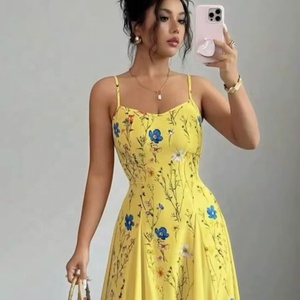 Radiant Yellow Floral Midi Dress for Women with Elegant Fit and Flare Silhouette <b>Spaghetti</b> Straps and Delicate Botanical Print - Product Image 1