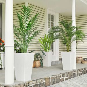 Set di 3 Grandi Vasi Cilindrici Smaltati Bianchi Alti 60 cm, Fioriere Decorative da Esterno in Rattan con Fori di Drenaggio - Product Image 2