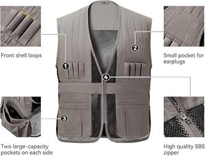 Gilet en maille gris pour homme, sans manches, respirant, utilitaire, en polyester, avec fermeture éclair, décontracté, pour l'été - Product Image 2