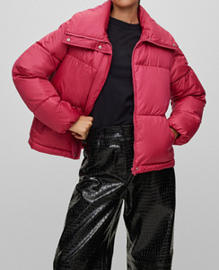 Blouson matelassé rose à col montant, manches longues, manteau d'hiver court pour femme, en polyester épais avec fermeture éclair - Product Image 1