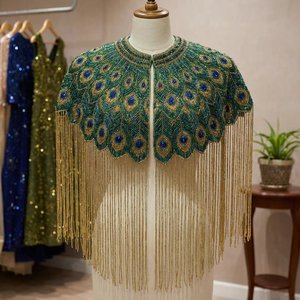 Châle vintage fait main en perles tissées avec franges, cape de luxe ondulée, vente en gros, cape d'épaule pour soirée formelle - Product Image 1