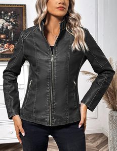 <b>Women</b> Faux Leather Motorcycle Coat Stand Collar Soft Lining <b>Spring</b> Fall <b>Jacket</b> OEM Manufacturer - Product Image 3