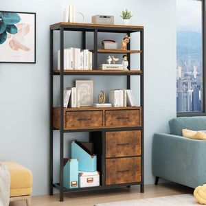 6-Layer 4-Drawer Black Wood Grain Bookshelf with Iron Frame & Parts 90*30*174cm Non-Woven Fabric Black Iron Parts Storage Case - Product Image 1