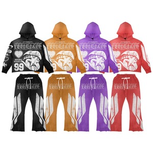 Conjunto de chándal de 2 piezas personalizado con efecto lavado ácido, sudadera con capucha con cremallera y pedrería, y pantalones de chándal acampanados - Product Image 4