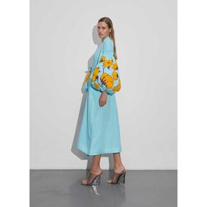 Vestido Midi de Algodón Azul Claro para Mujer, Bordado Floral Amarillo, Manga Abullonada, Cuello en V, Cintura con Lazo, Borlas, Estilo Boho - Product Image 5