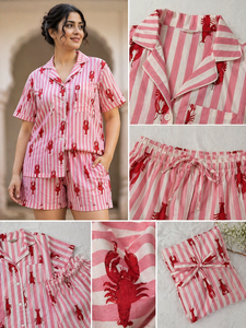 Pyjama court en coton fait main à imprimé crabe pour filles - Magnifique ensemble de vêtements de nuit à manches courtes imprimé au bloc à la main, un chef-d'œuvre - Product Image 5