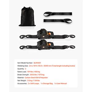 Cinghie a cricchetto retrattili da 2 x 10 piedi con ganci a S, resistenza alla rottura di 3033 libbre, 2 anelli morbidi, certificazione TUV e SGS, materiale PE - Product Image 6