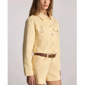 <b>Women's</b> Yellow Denim <b>Jacket</b> Full Sleeve Turn-down Collar Button Closure Cropped <b>Utility</b> Style Spring Wear - Product Image 1