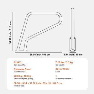 Corrimano per Piscina in Acciaio Inox 39 X 32 Pollici con Piastra di Base, Ringhiera di Sicurezza per Piscina Interna/Esterna, Accessori per Piscina - Product Image 4