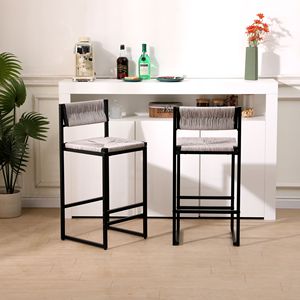 Taburetes de Bar tejidos con cuerda de papel tejida a mano gris, taburetes de comedor para cocina y oficina en casa con un diseño de respaldo cómodo - Product Image 1
