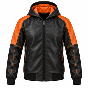 Veste d'hiver en cuir de vache véritable noir et orange, fermeture éclair intégrale sur le devant, vente en gros - Product Image 2