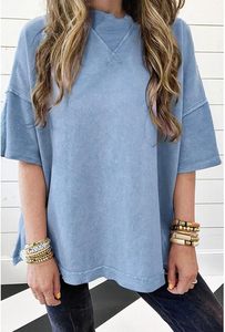 T-shirts amples pour femmes, délavés à l'acide, à manches courtes, avec coutures apparentes, épaules tombantes, délavés aux minéraux, couleurs unies, style décontracté - Product Image 5