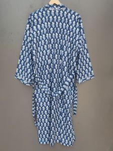 <b>Navy</b> Blue Floral Cotton Kimono Robe Women's Full Length Long Sleeve Casual Sleepwear Mandarin Collar Printed Woven Fabric - Product Image 5