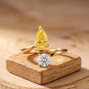 Bague de promesse Toi et Moi, certifiée IGI, couleur DEF, clarté VS VVS, or massif 10K 14K 18K, diamant de laboratoire jaune poire et rond - Product Image 3