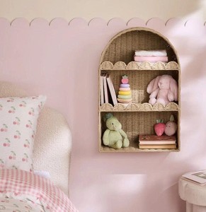 Arch-Shaped Woven <b>Paper</b> Wall Hanging Shelf with Scalloped Edges - 3-Tier <b>Handmade</b> Nursery Storage - Product Image 1
