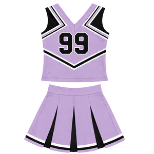Ensemble d'uniforme de cheerleading lavande, noir et blanc, avec crop top sans manches à col en V et jupe plissée, pour performance et danse - Product Image 2