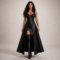 Schwarzes Echtleder-Korsettkleid mit Langem Umhang und Schnürung Vorne, Bodenlange Robe von Eoin Winston Sports, Hergestellt in Pakistan