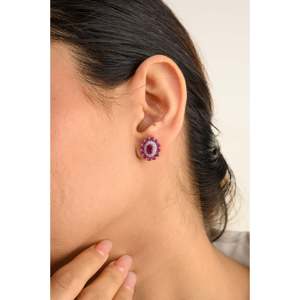 14K Solid White Gold Art Deco Ruby Diamond Flower Cluster Stud <b>Earrings</b> - Product Image 5