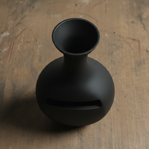Modern Matte <b>Black</b> Metal <b>Flower</b> <b>Vase</b> Featuring A Slender Flared Neck Bulbous Body And Horizontal Cutout Accent For Decoration - Product Image 2