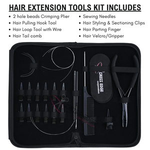 Kit de pinces professionnelles pour extensions de cheveux noires avec pince à sertir pour anneaux nano à 2 trous de 7 pouces, enfileur de boucles, aiguilles à coudre et bande adhésive Velcro - Product Image 2