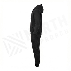 Ensemble de survêtement noir à capuche pour homme, sweat-shirt zippé et pantalon de jogging, couleur unie décontractée, 100 % coton respirant, idéal pour l'automne - Product Image 3