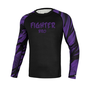 Camiseta de compresión de manga larga negra y morada para hombre Fighter Bro, de secado rápido, con logo estampado en la parte delantera - Product Image 1