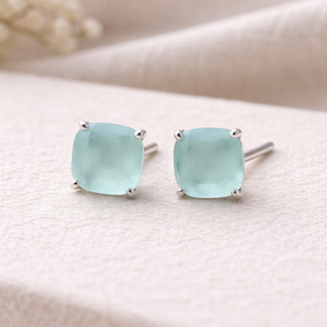 Aqua Chalcedony Cushion <b>Stud</b> <b>Earrings</b> 8x8mm Faceted Gemstone Prong <b>Set</b> Handmade Minimalist Gold Jewelry Gift for Women - Product Image 1