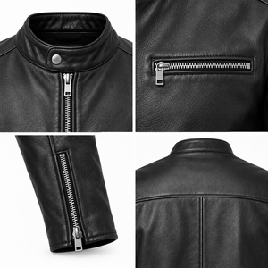 Veste noire Café Racer pour homme avec col à boutons-pression, quatre poches zippées, manches à empiècements, poignets zippés et style motard classique - Product Image 5