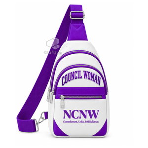 NCNW Sorority สีขาว สีม่วง กระเป๋าหนัง PU แบบสะพายข้าง สายปรับได้ กระเป๋าสะพายหลังแบบหลายช่อง - Product Image 1