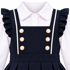 Conjunto de Uniforme Escolar para Niñas de Jardín de Infancia, Vestido Midi Plisado Azul Marino, Blusa con Volantes en los Hombros, Poliéster, Atuendo para Regreso a Clases - Product Image 3