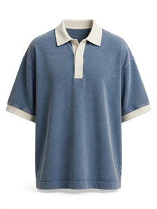 เสื้อเชิ้ตคอตั้งทรงโอเวอร์ไซส์สำหรับผู้ชาย ผ้าฝ้ายสีน้ำเงินล้วน แขนสั้น สไตล์ลำลอง ถักทอระบายอากาศได้ดี น้ำหนัก 180 กรัม ทรงหลวม - Product Image 1