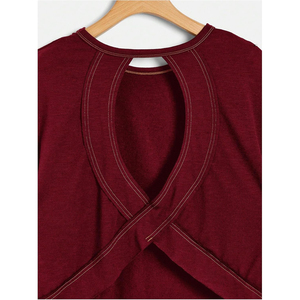 Camiseta Corta de Mujer, Color Borgoña Sólido, Cuello Redondo, Manga Corta, Ajuste Holgado, Tejido Transpirable, Informal, para Primavera/Verano, Gimnasio - Product Image 4