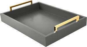 Plateau de service en bois avec poignées dorées, fait main, écologique, plateau décoratif pour ottoman, couleur charbon, style moderne et luxueux pour le salon - Product Image 5