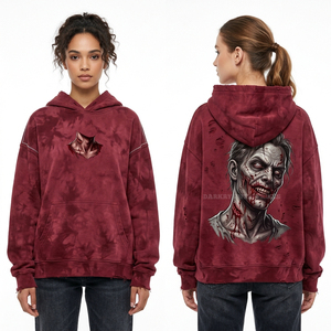 Sudadera con capucha para mujer, color ciruela oscuro, con estampado tie-dye y salpicaduras de tinta en las mangas, gráfico Scream Zombie, de tejido grueso, con efecto desgastado, estilo moda alternativa - Product Image 2