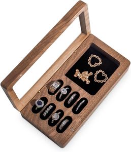 Caja de Anillos de Madera de Nogal Sólido de Lujo con Ventana de Vidrio - Estuche para Anillos, Bandeja para Joyas, Organizador de Joyas para Anillos - Product Image 1