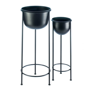 Support à plantes en métal noir mat avec pots, lot de 2, grands pots ronds sur pied, porte-pot de fleurs en fer pour la décoration du salon - Product Image 1