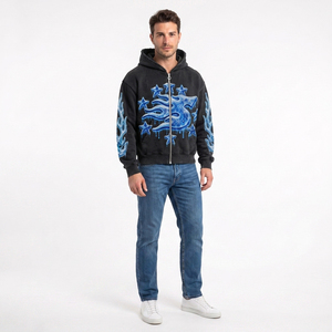 Sweat à capuche oversize pour homme en coton 100% tricoté, délavé à l'acide, imprimé flamme noire, style streetwear, pour l'hiver - Product Image 5