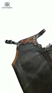 Custom Brown Leather Rodeo Chaps with Hand Tooled Floral Yoke and Long Fringe for Men - Product Image 2
